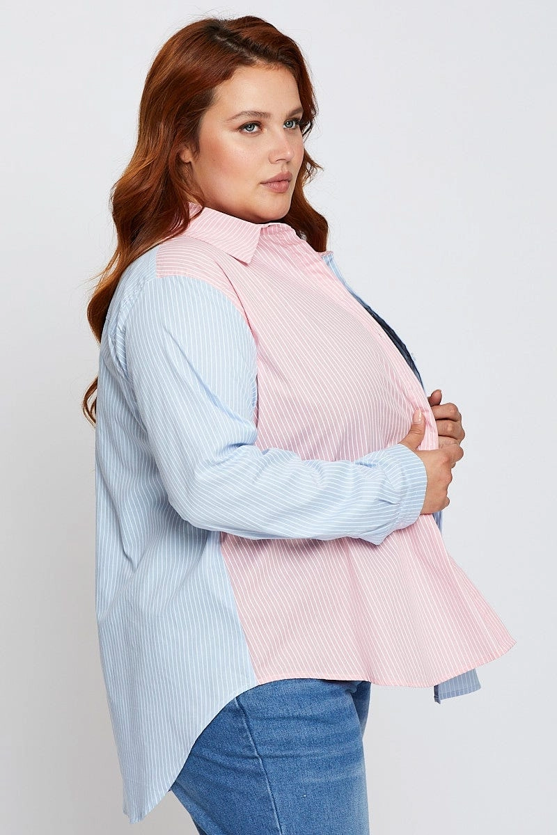Eye-Catching Pattern Stripe Shirt Long Sleeve Colourblock