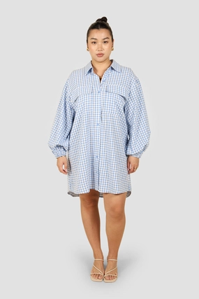 RORAN BUTTON DRESS BLUE GINGHAM Long Lines Winter Layering
