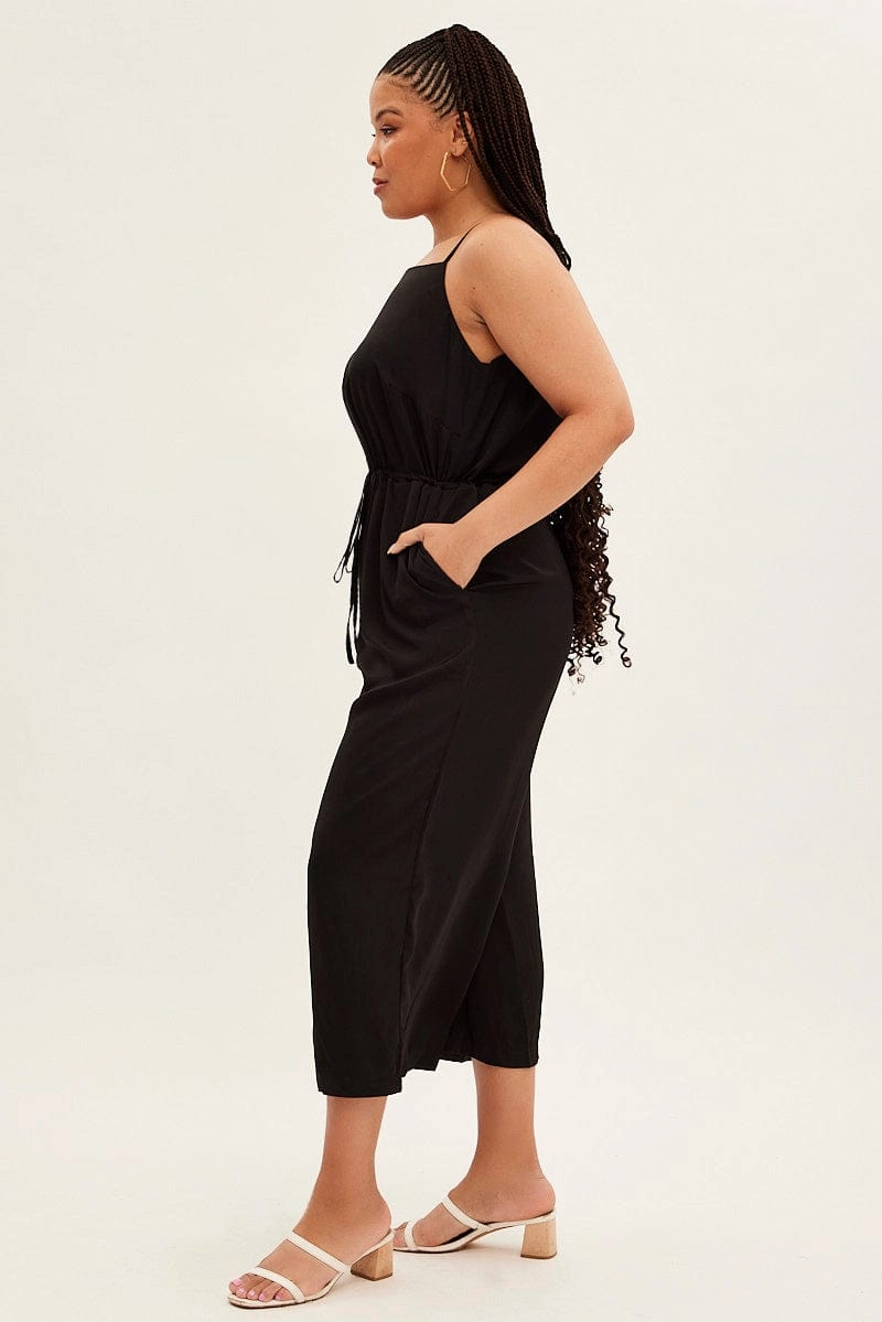 Underwire-Support Black Strappy Jumpsuit High Neck Party Matte Satin