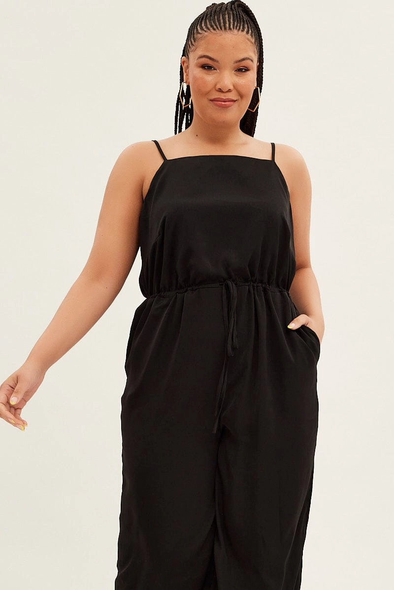 AdjustableStraps Black Strappy Jumpsuit High Neck Party Matte Satin