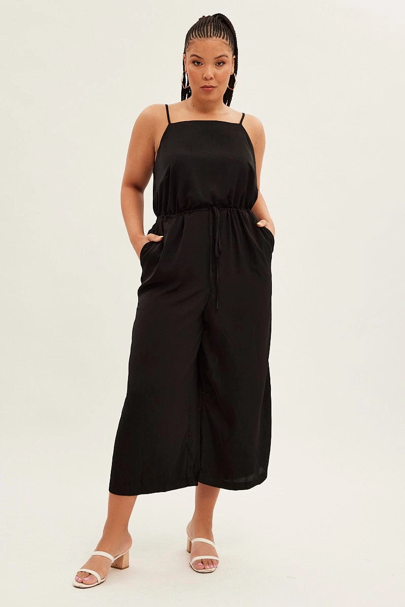 Black Strappy Jumpsuit High Neck Party Matte Satin All Inclusive