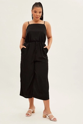 Minimalist Elegance Light Base Black Strappy Jumpsuit High Neck Party Matte Satin