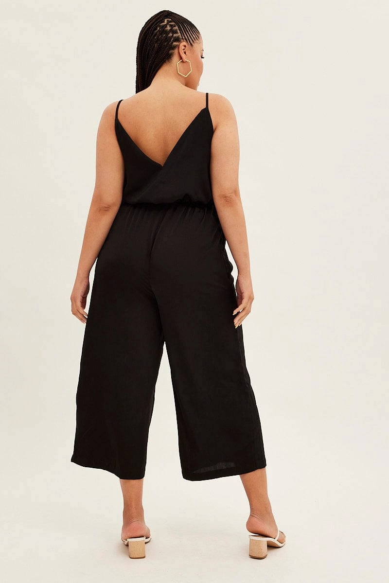 Black Strappy Jumpsuit High Neck Party Matte Satin Relax Mode Care-Instructions-Included