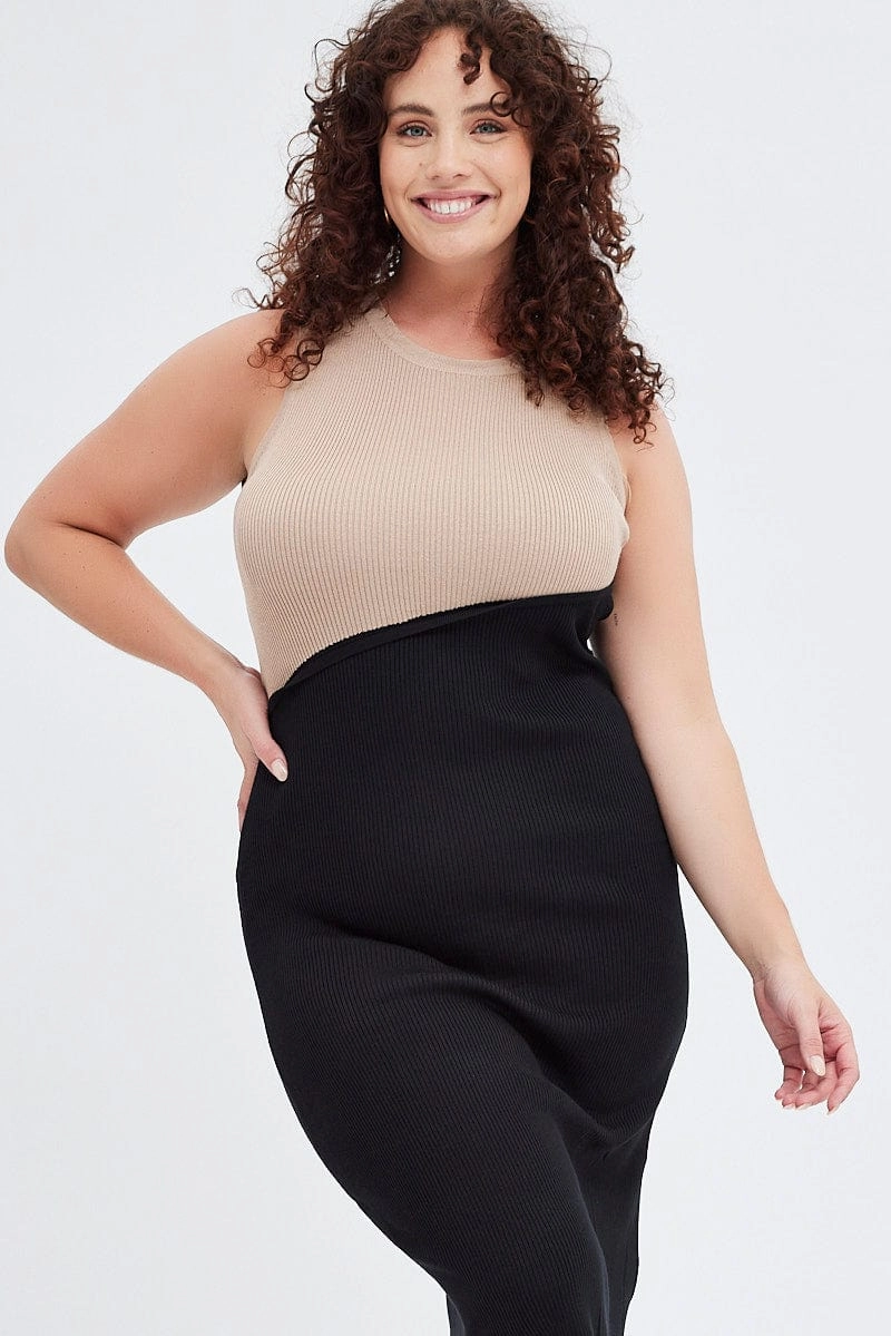 Multi Bodycon Dress Sleeveless Round Neck Spliced Knit Cool Look Bright Feel