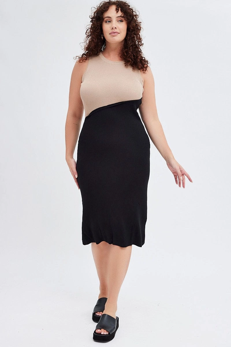 Multi Bodycon Dress Sleeveless Round Neck Spliced Knit Relaxed Waistband Flare Breeze