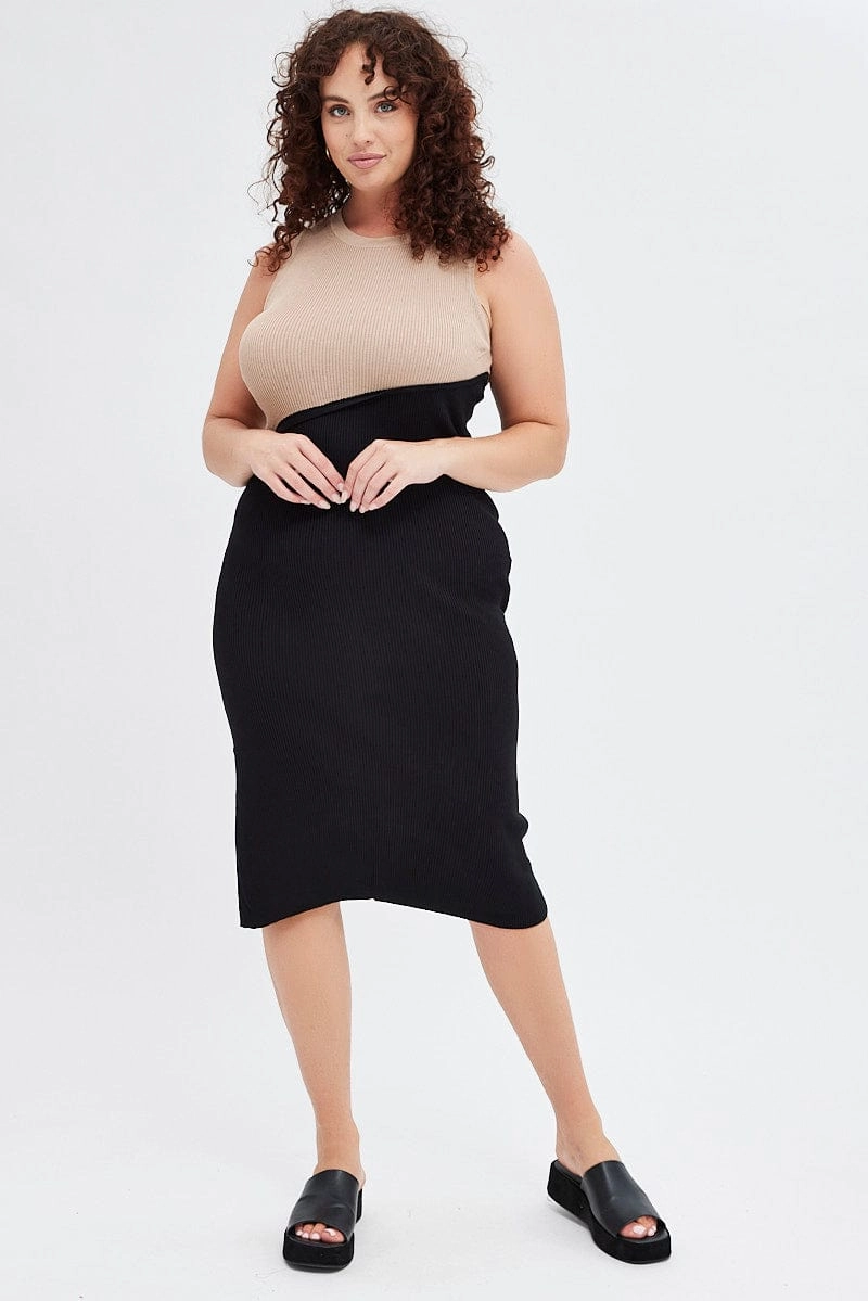 Multi Bodycon Dress Sleeveless Round Neck Spliced Knit Daily Style Weekend Ready