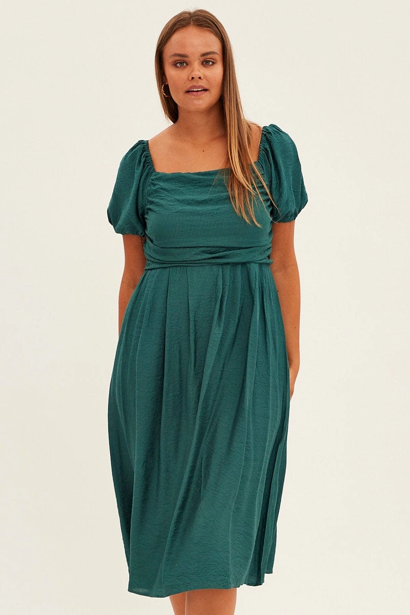 Green Midi Dress Puff Sleeve Square Neck Lined Textured Light Wrap Fitted Shape