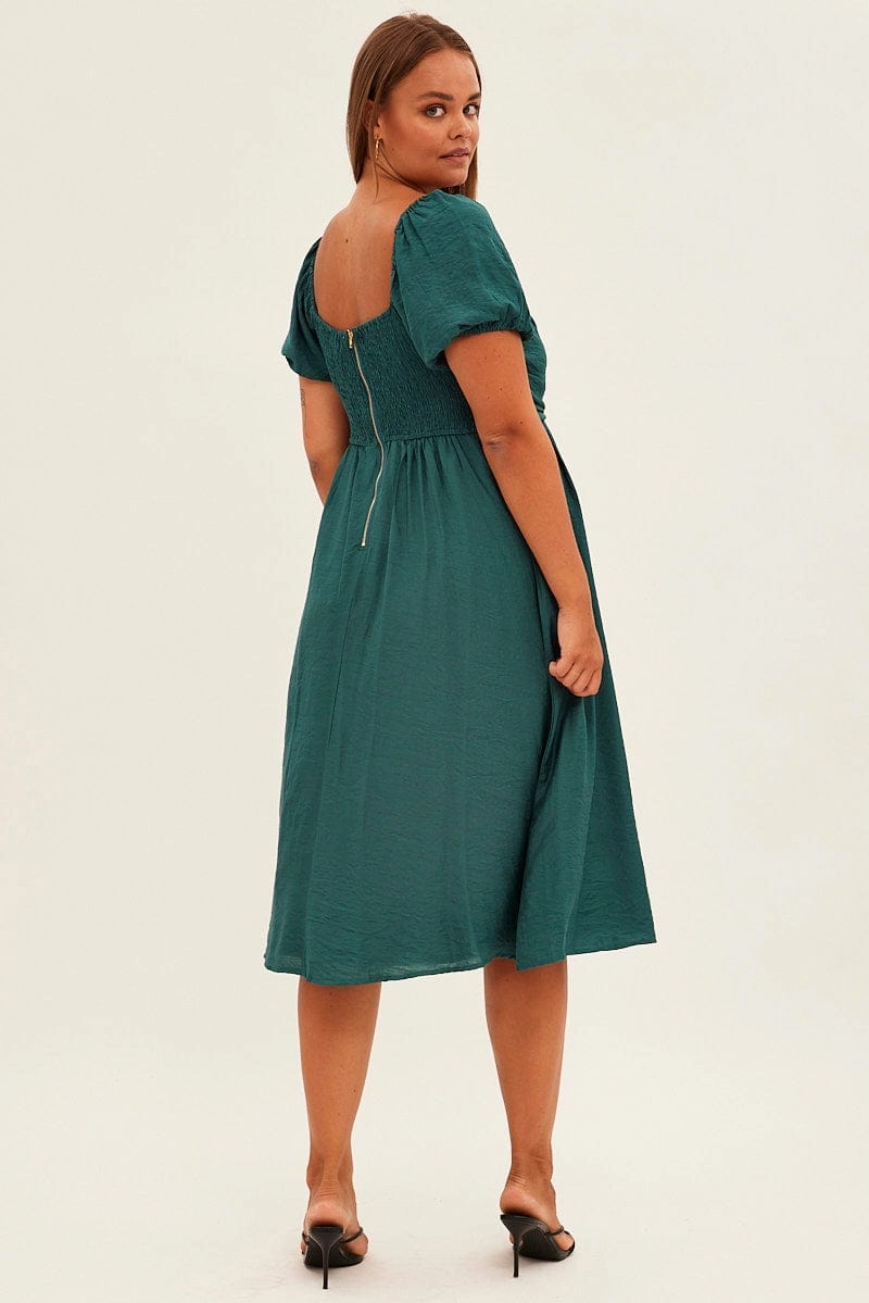 Chic Direction Floral-Pattern Green Midi Dress Puff Sleeve Square Neck Lined Textured