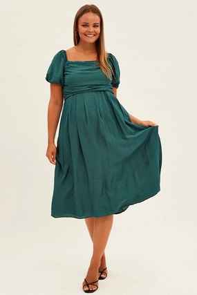 Chic Layered Wear Green Midi Dress Puff Sleeve Square Neck Lined Textured