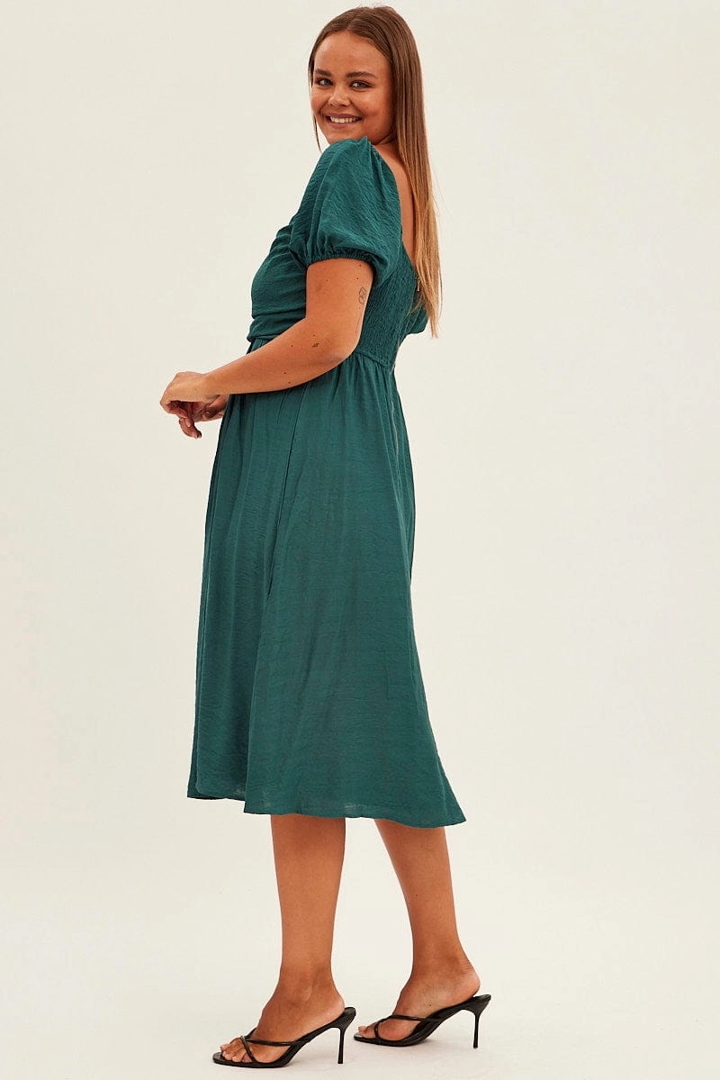 Green Midi Dress Puff Sleeve Square Neck Lined Textured Fitted Design