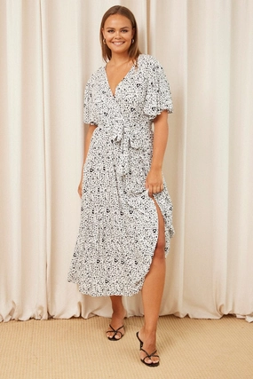 Light Fall Smooth Finish White Animal Print Maxi Dress Short Sleeve Wrap Front Tiered