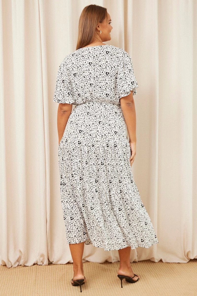 Day-To-Night Wear Japan Cool White Animal Print Maxi Dress Short Sleeve Wrap Front Tiered