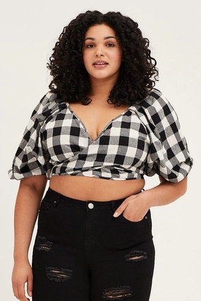 Neutral Street Style Check Short Puff Sleeve Black Gingham Wrap Bolero