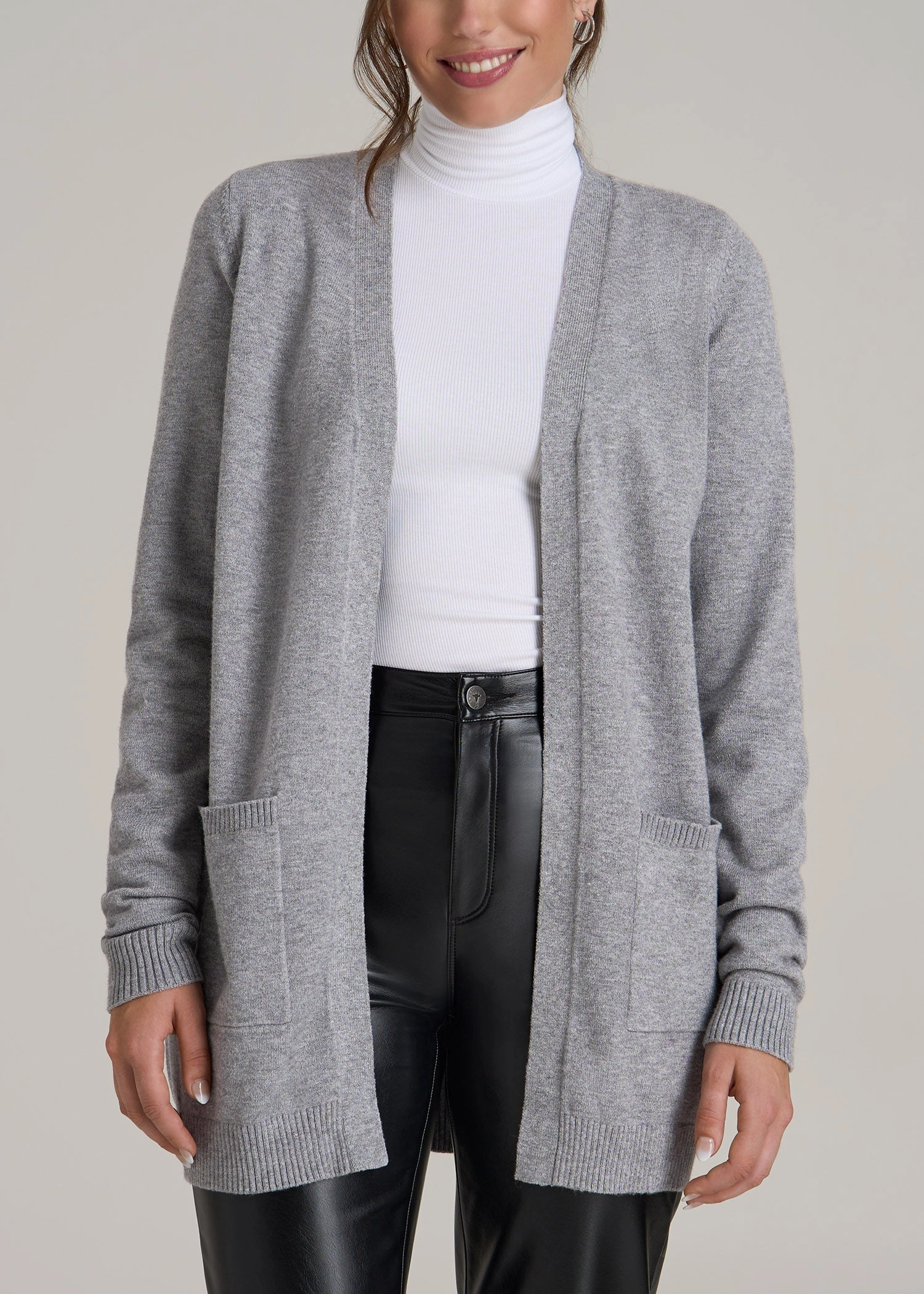 Cozy Outerwear Open-Front Long Cardigan Sweater for Tall Women in Ash Grey Mix