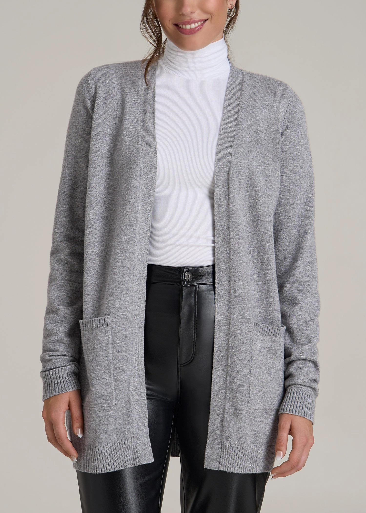 Open-Front Long Cardigan Sweater for Tall Women in Ash Grey Mix Gym Wear