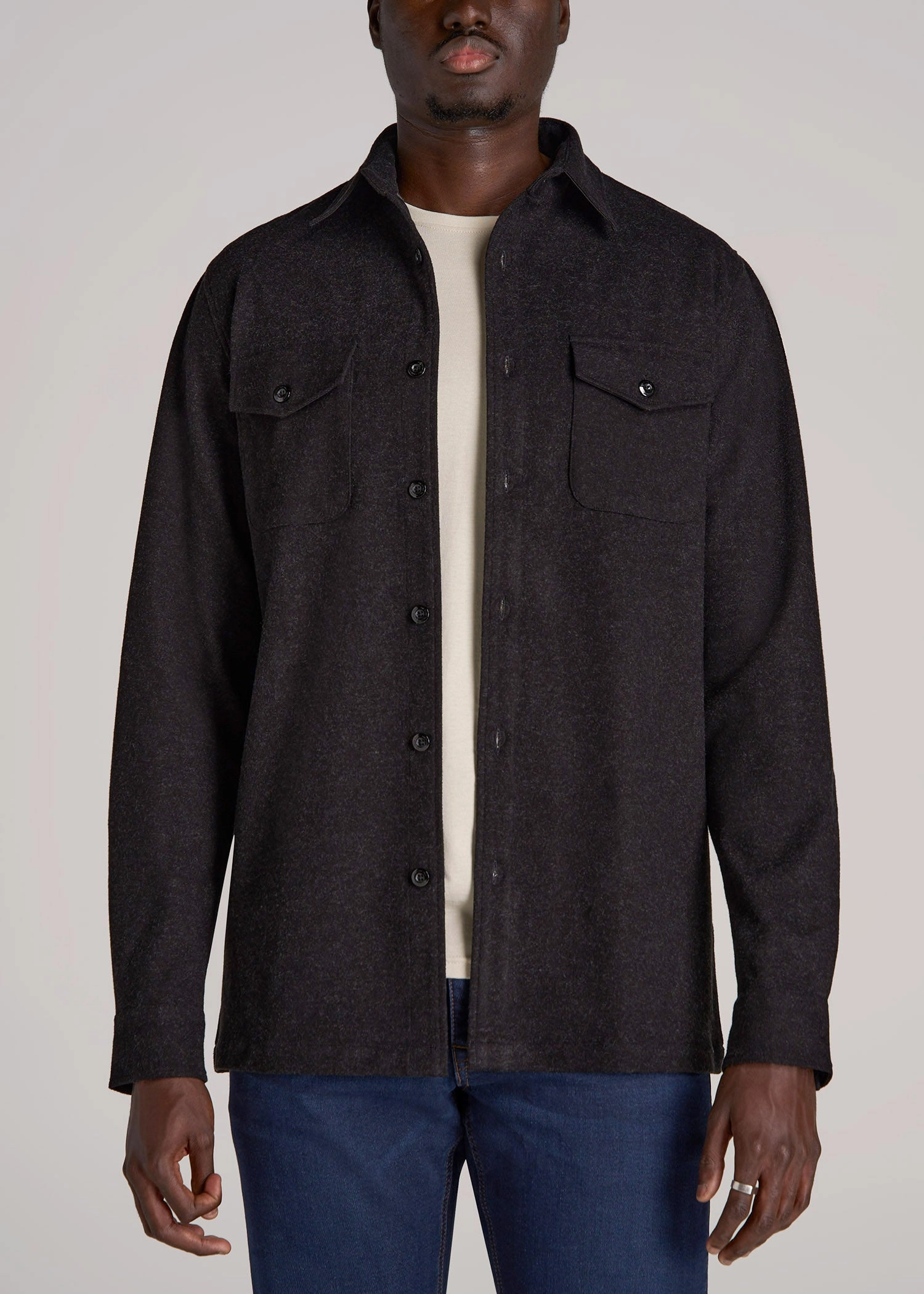 Stretch Knit Overshirt for Tall Men in Black Reinforced Seams