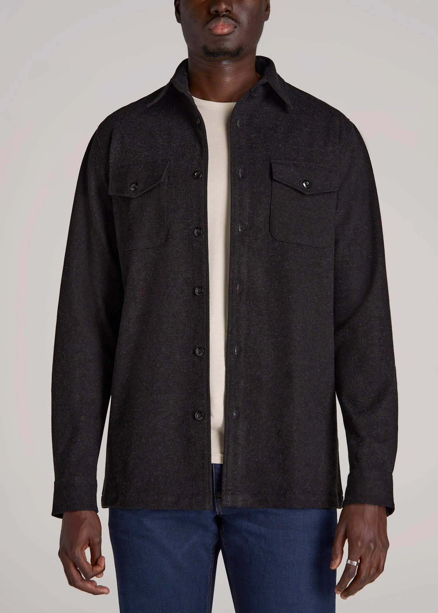 Stretch Knit Overshirt for Tall Men in Black Snag Proof Weave Minimalist Aesthetic