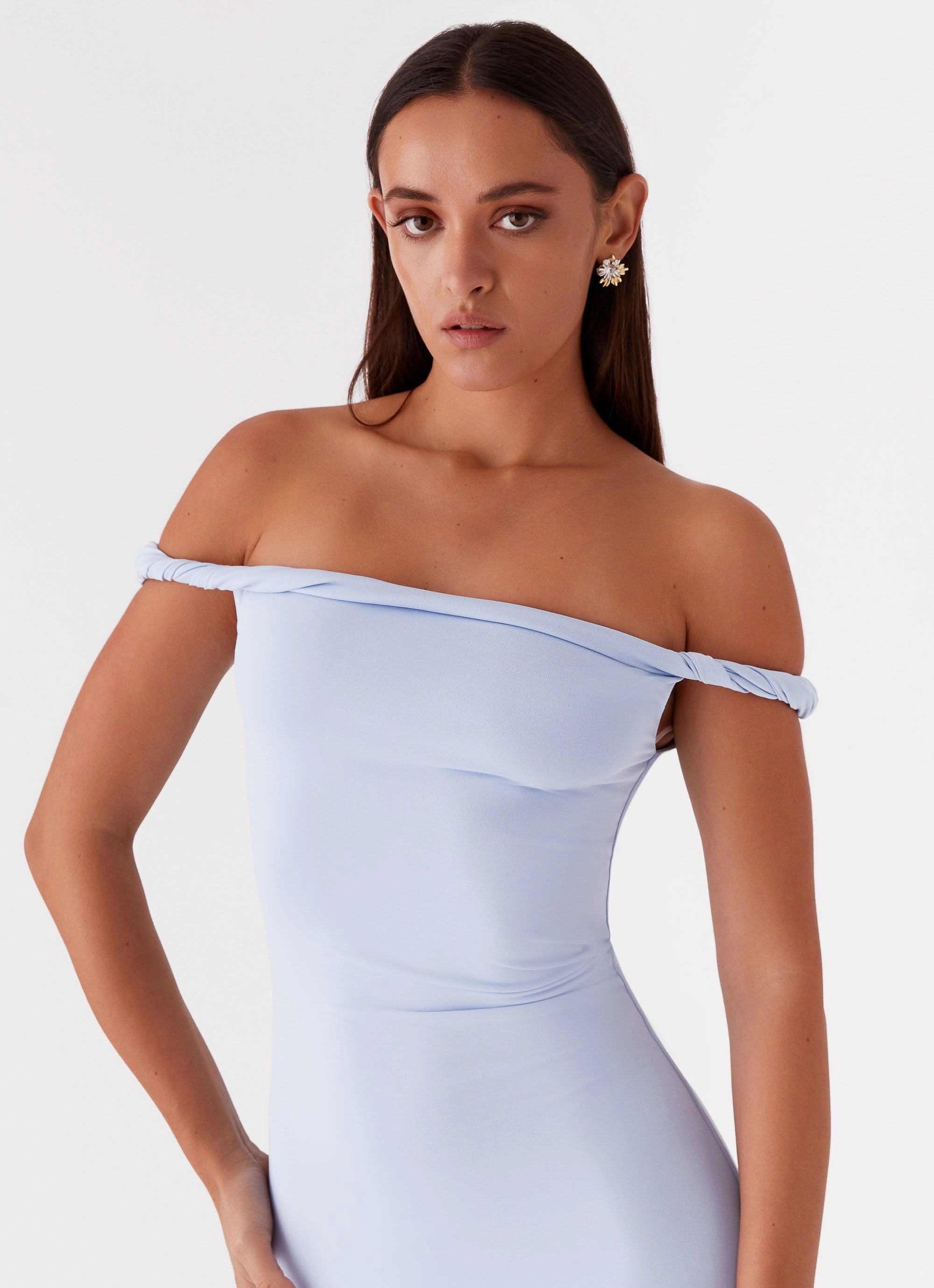 Arabella Twist Shoulder Maxi Dress - Blue Elegant Waistband Fit