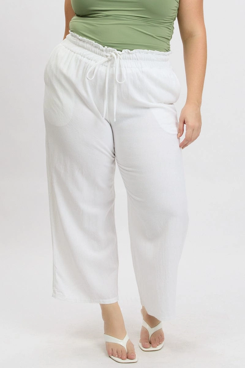 White Wideleg Pants Paperbag Elastic Waist Linen Blend NonRestrictiveFit Smart Layer