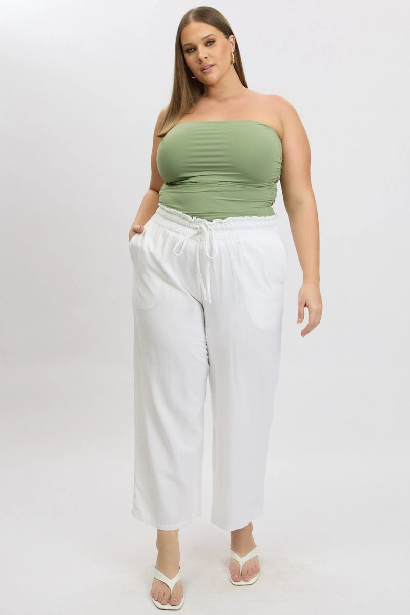 Active Motion White Wideleg Pants Paperbag Elastic Waist Linen Blend