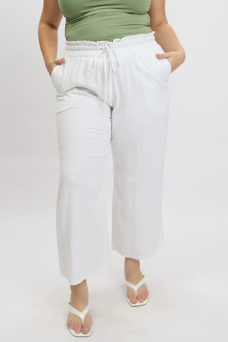 White Wideleg Pants Paperbag Elastic Waist Linen Blend Quick Move Stable Shape