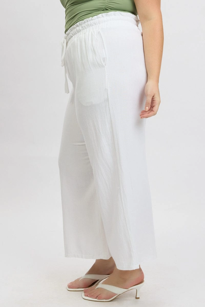 White Wideleg Pants Paperbag Elastic Waist Linen Blend Stylish Waistband City Ready