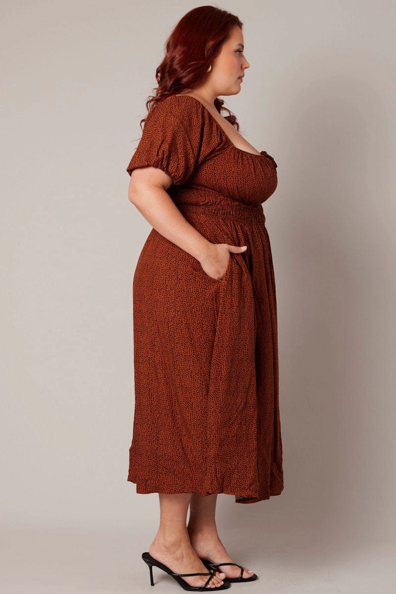 Fashionable Comfort Wear Brown Geo Midi Dress Short Sleeve Ruched Bust