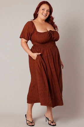Brown Geo Midi Dress Short Sleeve Ruched Bust Love Blend