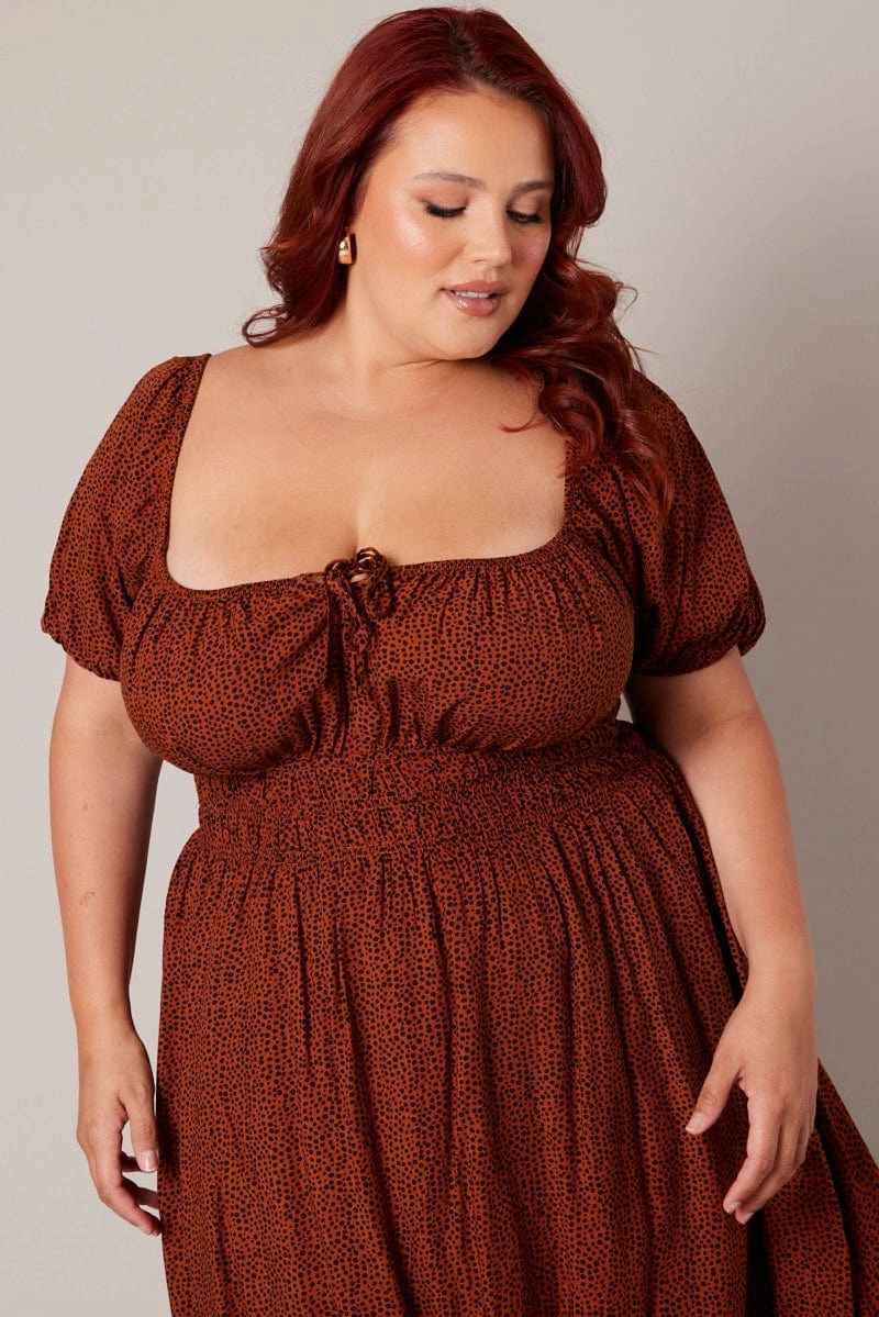 Brown Geo Midi Dress Short Sleeve Ruched Bust High-Fashion Contemporary Layer