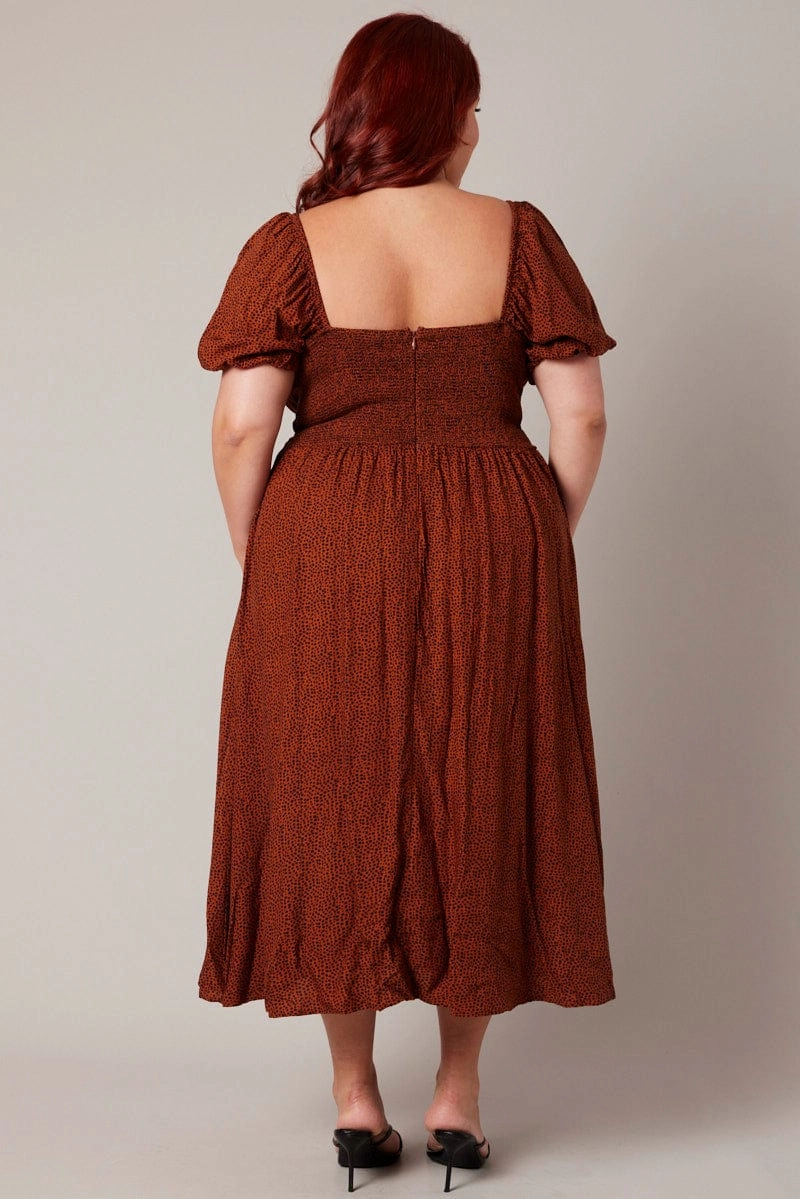 Brown Geo Midi Dress Short Sleeve Ruched Bust Flexible Waist