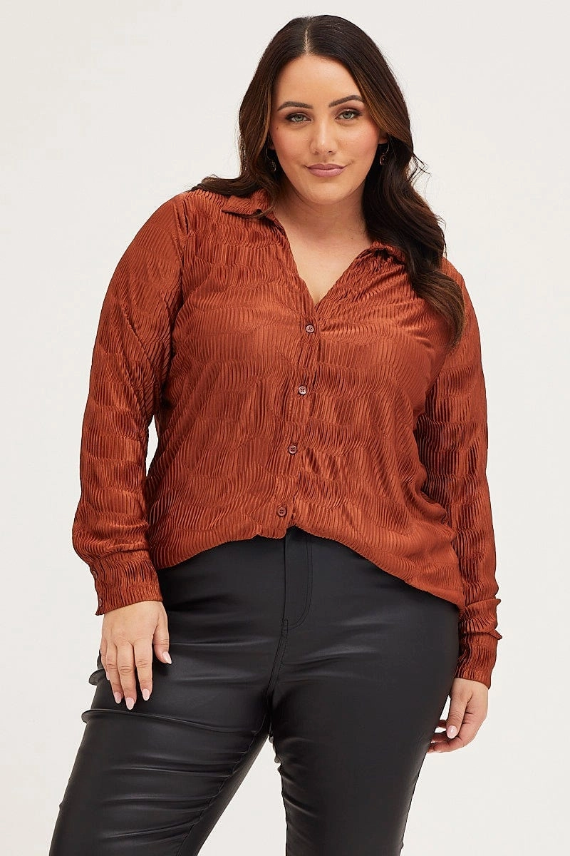 Beach Wear Textured Finish Brown Oversized Shirt Plisse Long Sleeve