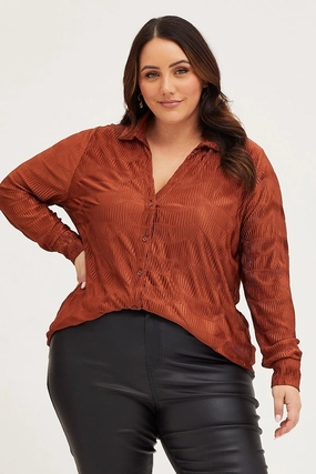Snag Free Surface Brown Oversized Shirt Plisse Long Sleeve