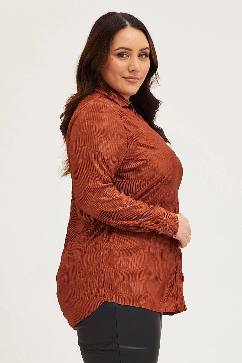 Bold Print Ergonomic Back Panel Brown Oversized Shirt Plisse Long Sleeve