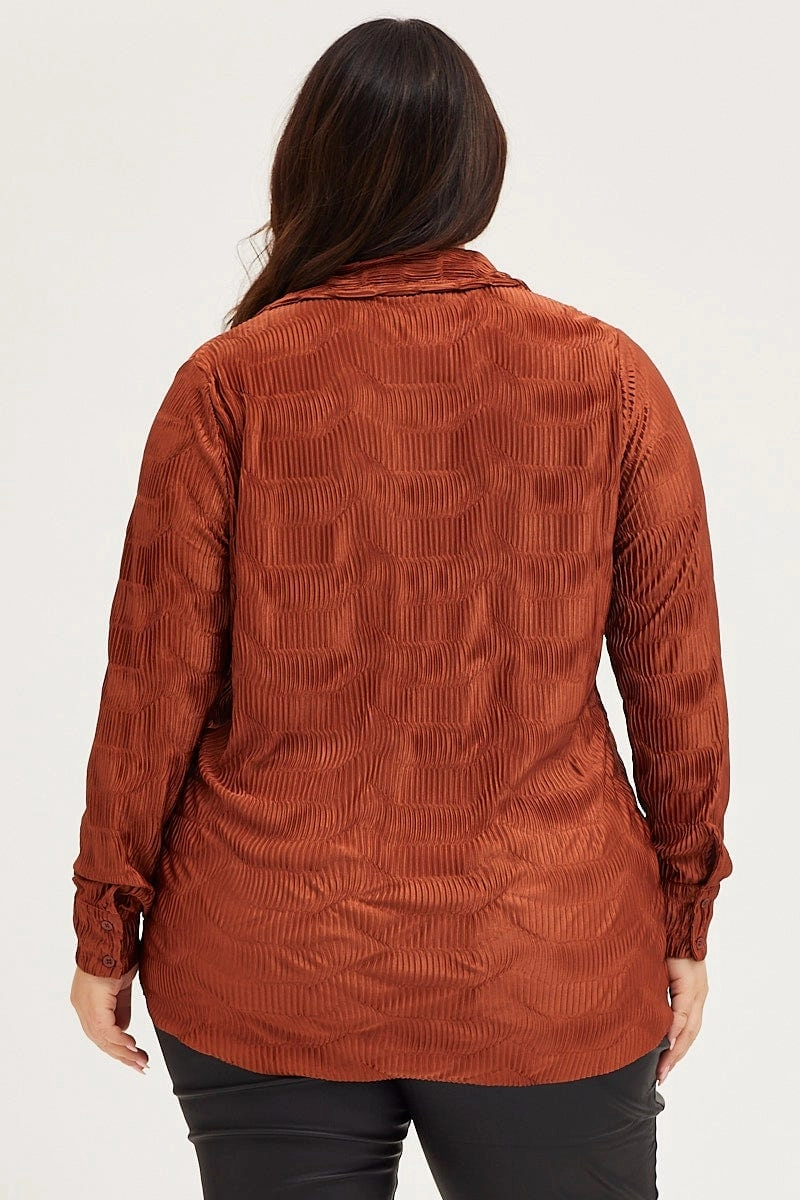 Brown Oversized Shirt Plisse Long Sleeve Practical Choice Quality Material