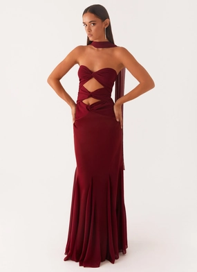 Holiday Wear Side Slit Melrose Satin Chiffon Maxi Dress - Deep Red