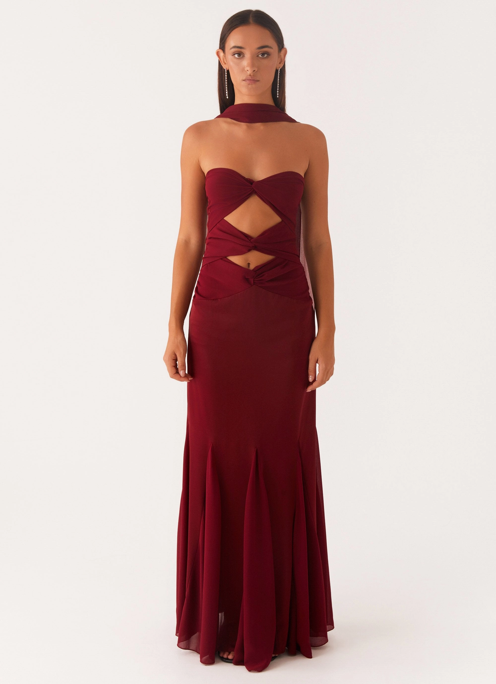 Melrose Satin Chiffon Maxi Dress - Deep Red Smooth Outline