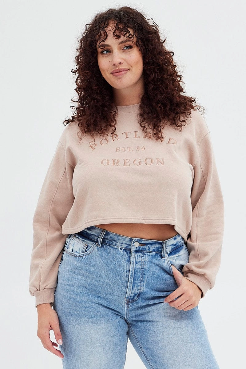 Trendy Colors Streetwear Fashion Pink Long Sleeve Portland Embroidered Semi Crop Sweater