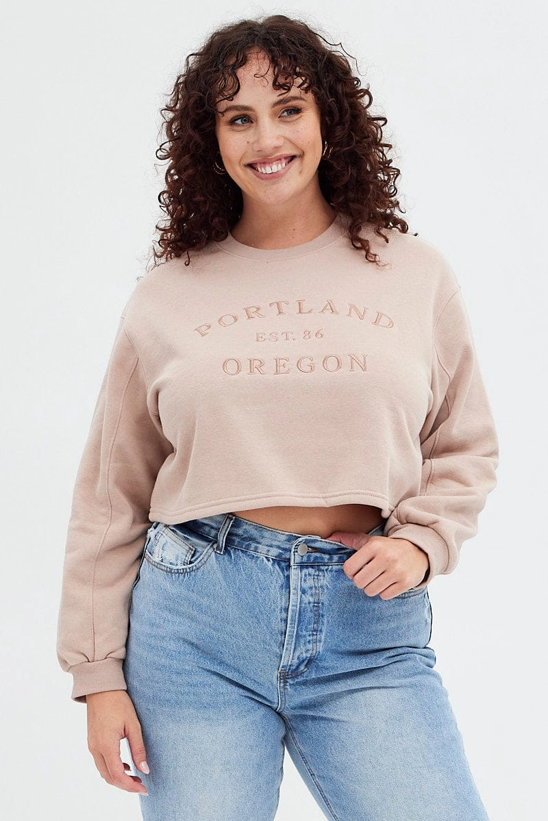 Pink Long Sleeve Portland Embroidered Semi Crop Sweater vacation wear Embroidered Logo