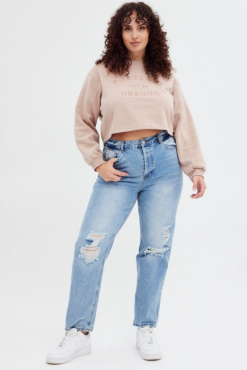 All-Day Wear Pink Long Sleeve Portland Embroidered Semi Crop Sweater