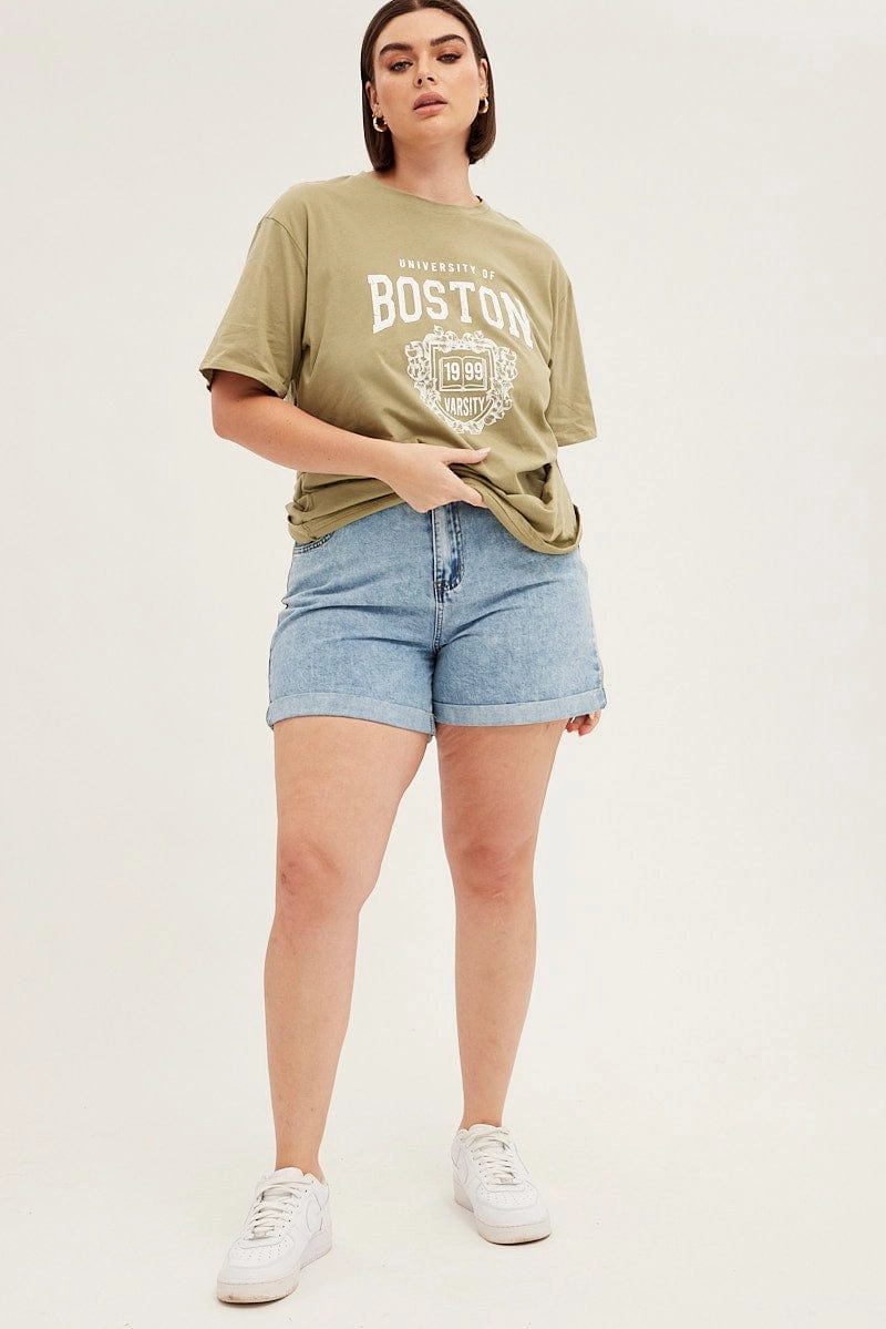 Green Short Sleeve Oversized Boston Round Neck T-shirt Linen blend