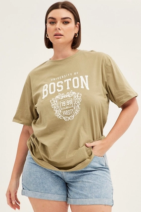 Fade Resistant Print UV Protection Fabric Green Short Sleeve Oversized Boston Round Neck T-shirt