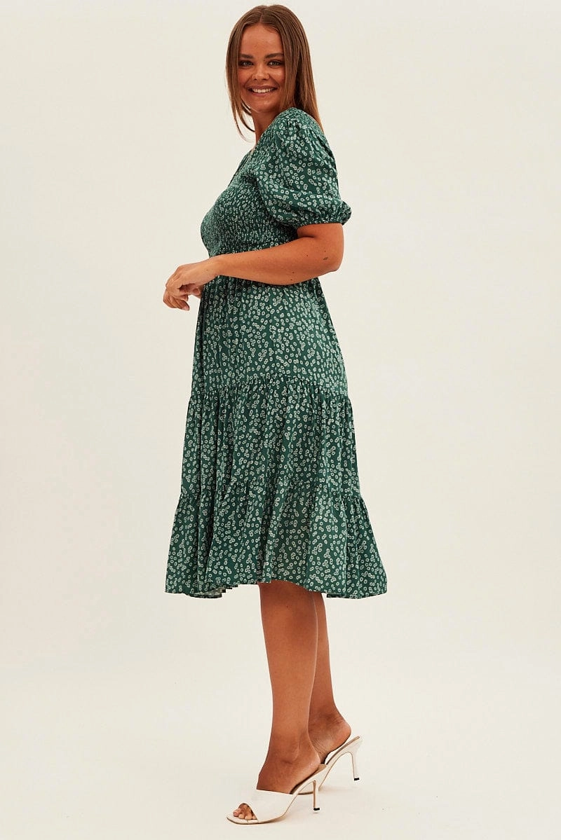 Green Ditsy Midi Dress Shirred Bodice V-neck Trend Fit Calm Finish