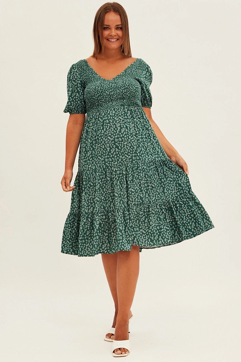 Tailored-fit Zip-Closure Green Ditsy Midi Dress Shirred Bodice V-neck