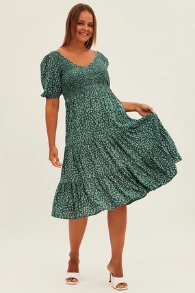 Best-Seller Wrinkle-Resistant Green Ditsy Midi Dress Shirred Bodice V-neck