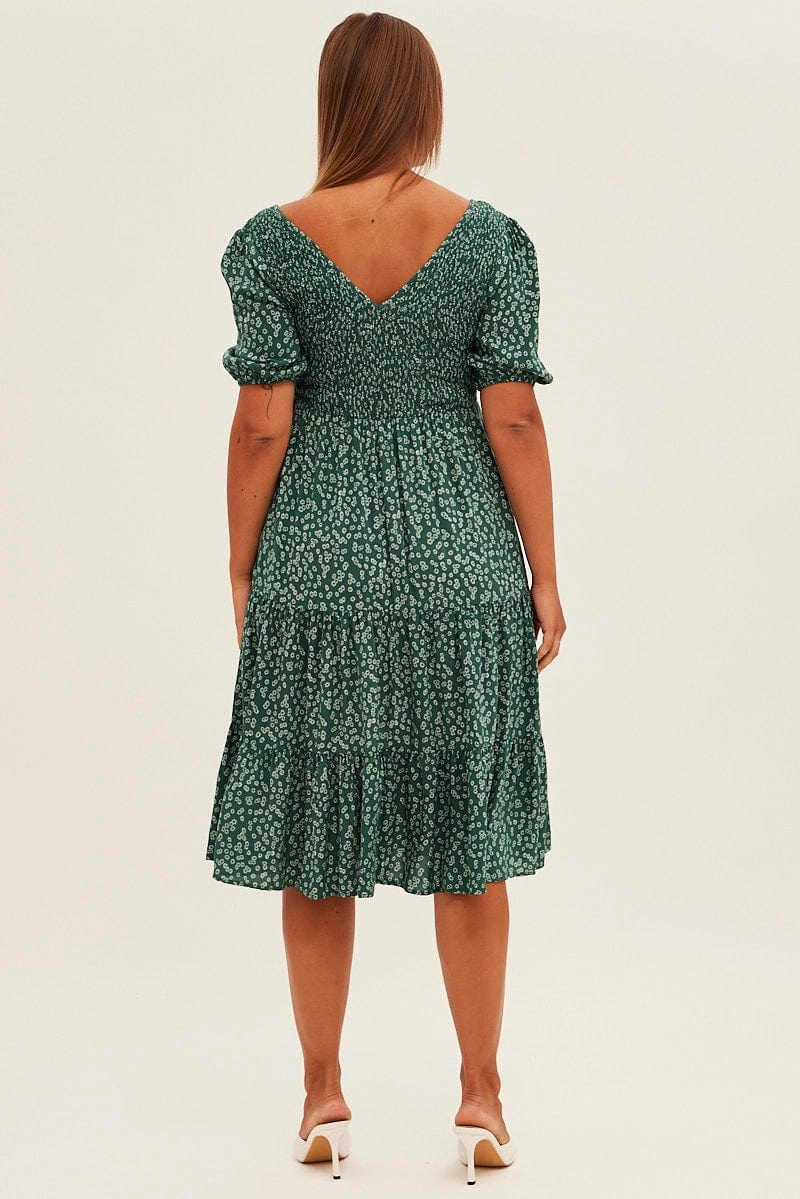 Timeless Layer Green Ditsy Midi Dress Shirred Bodice V-neck