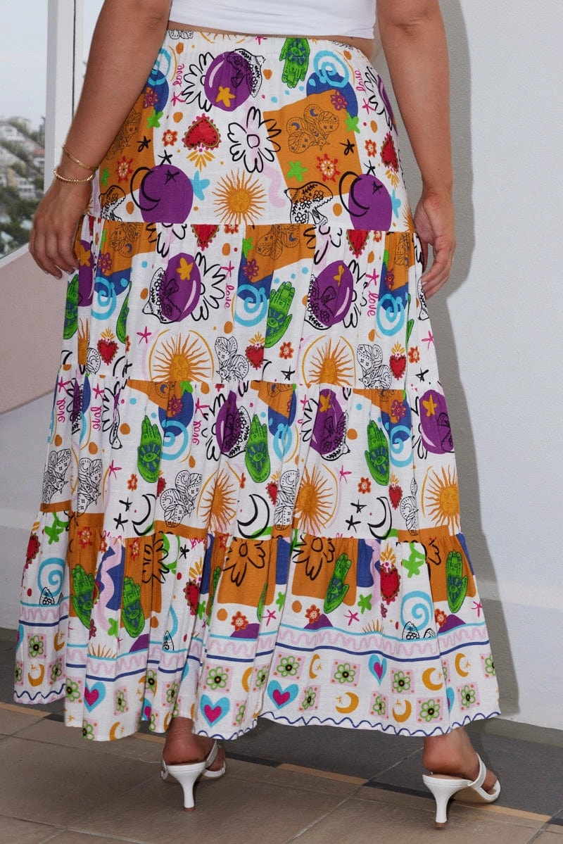 Laidback Mood Multi Abstract Tiered Elastic Waist Maxi Skirt