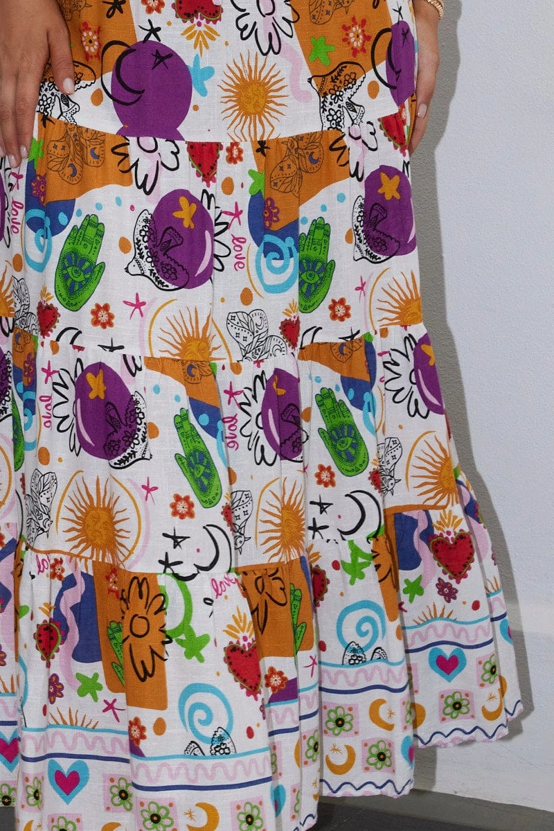 Multi Abstract Tiered Elastic Waist Maxi Skirt Shopping Trip Fresh Look