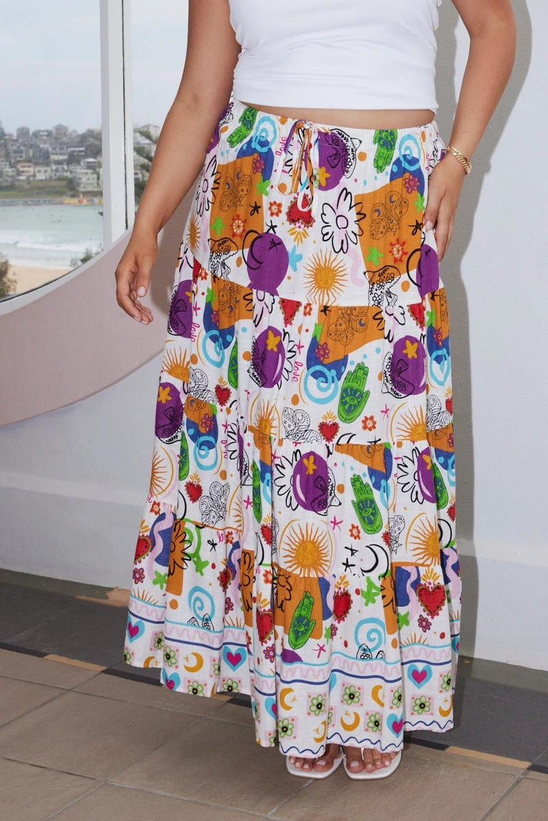 Multi Abstract Tiered Elastic Waist Maxi Skirt Reinforced Pockets high contrast