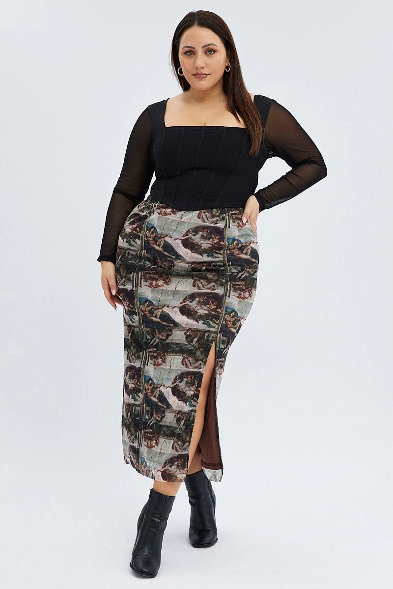 Brown Abstract Midi Skirt Mesh Design Detail