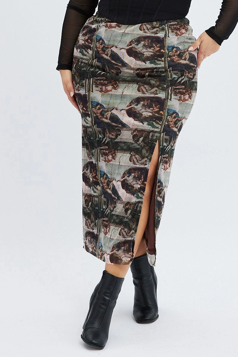 Brown Abstract Midi Skirt Mesh Graceful Look